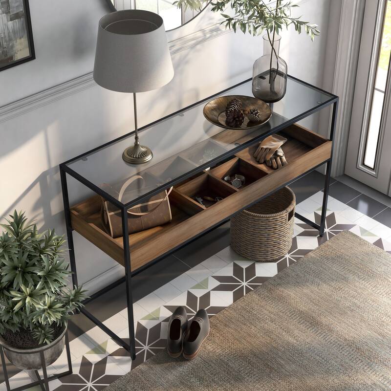Reid Urban Brown and Black 55-inch Mixed Material 6-Compartment Entryway Table by Furniture of America