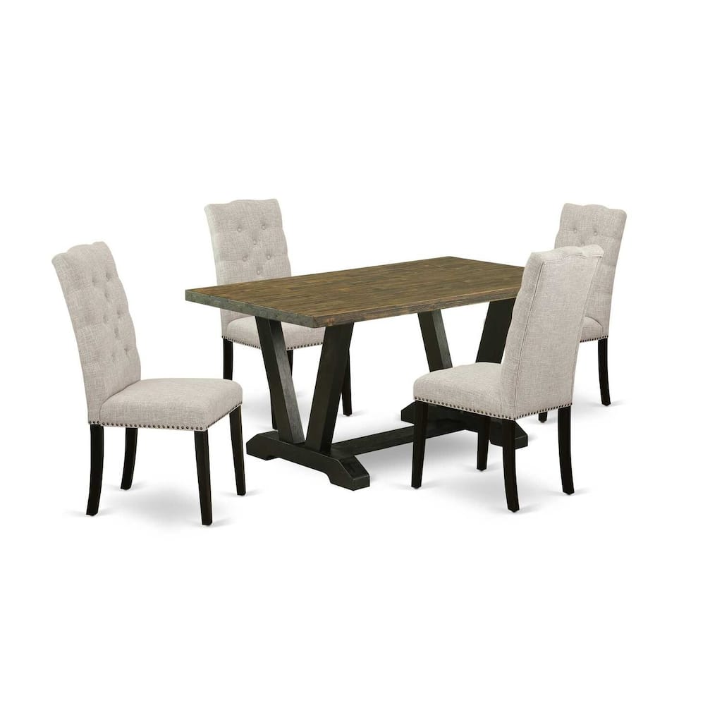 HomeStock 5-Piece Rectangle Distressed Jacobean Finish Solid Wood Top Dining Table with 4 Upholstered Chairs with Lattice Back