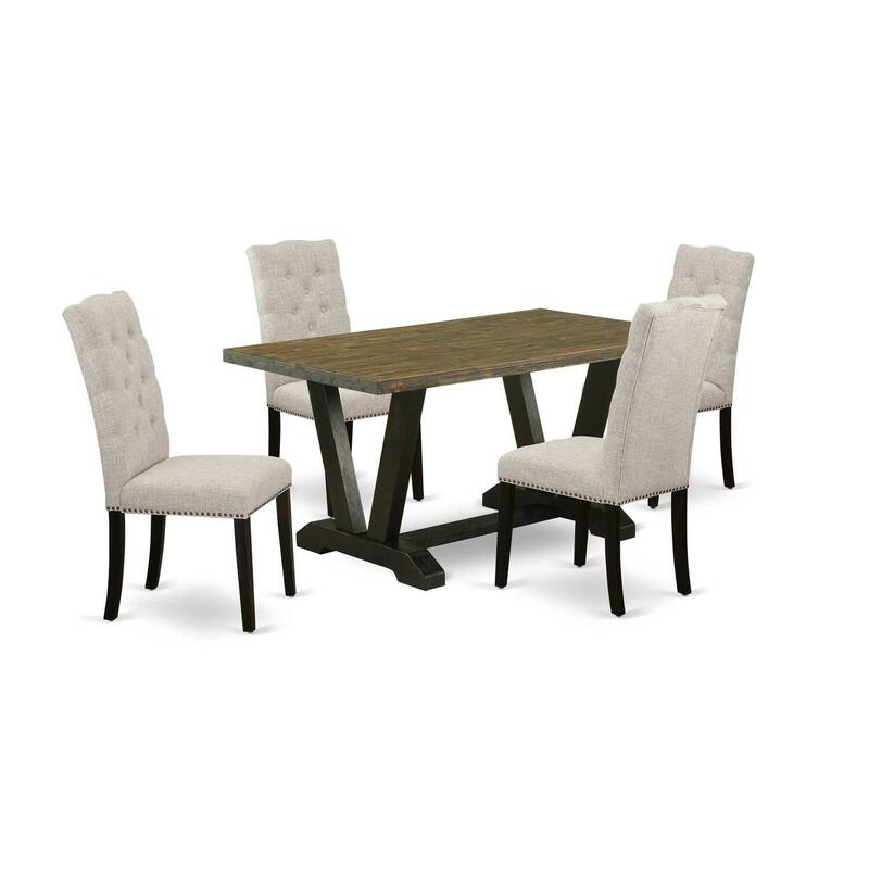 HomeStock 5-Piece Rectangle Distressed Jacobean Finish Solid Wood Top Dining Table with 4 Upholstered Chairs with Lattice Back