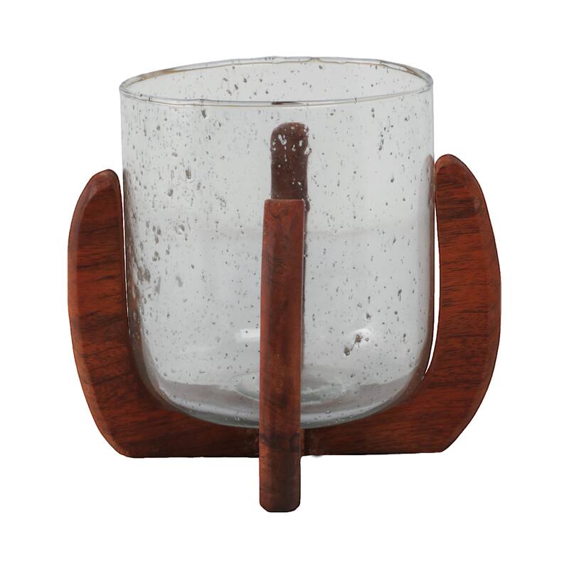 Textured Glass Pillar and Taper Candle Holder with Mango Wood Base