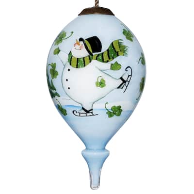 Ice Skating Shamrock Snowman Hand Painted Mouth Blown Glass Ornament - 4.75" x 2.5" x 2.5"