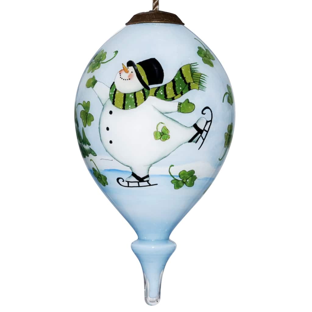 Ice Skating Shamrock Snowman Hand Painted Mouth Blown Glass Ornament - 4.75" x 2.5" x 2.5"