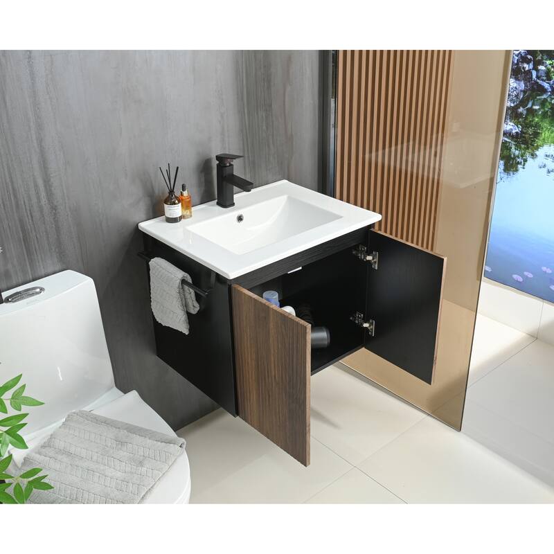 GDFStudio - Adrian Floating Bathroom Vanity with Ceramic Sink and Integrated Towel Rack Storage Cabinet