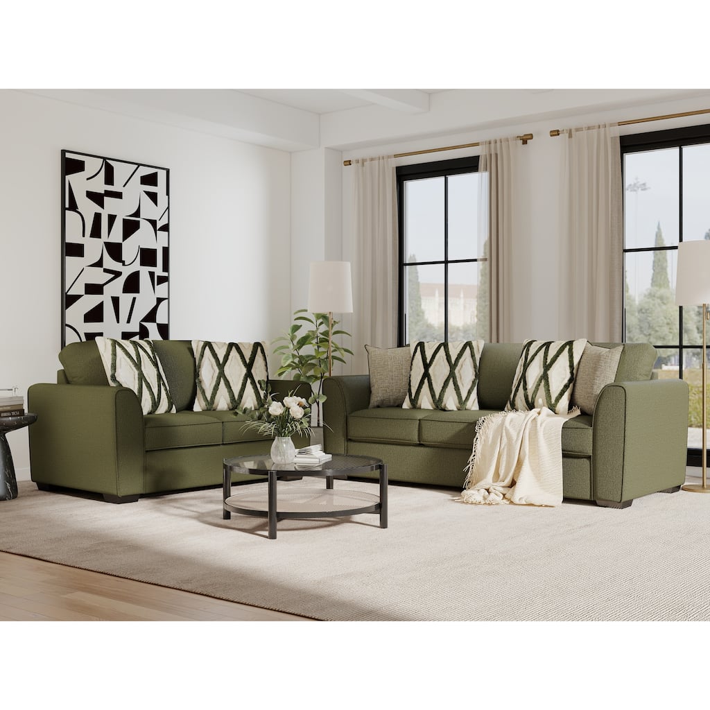 Roundhill Furniture Marvella Living Room Sofa and Loveseat Set with Mosswood Chenille Upholstery and Textured Accent Pillows