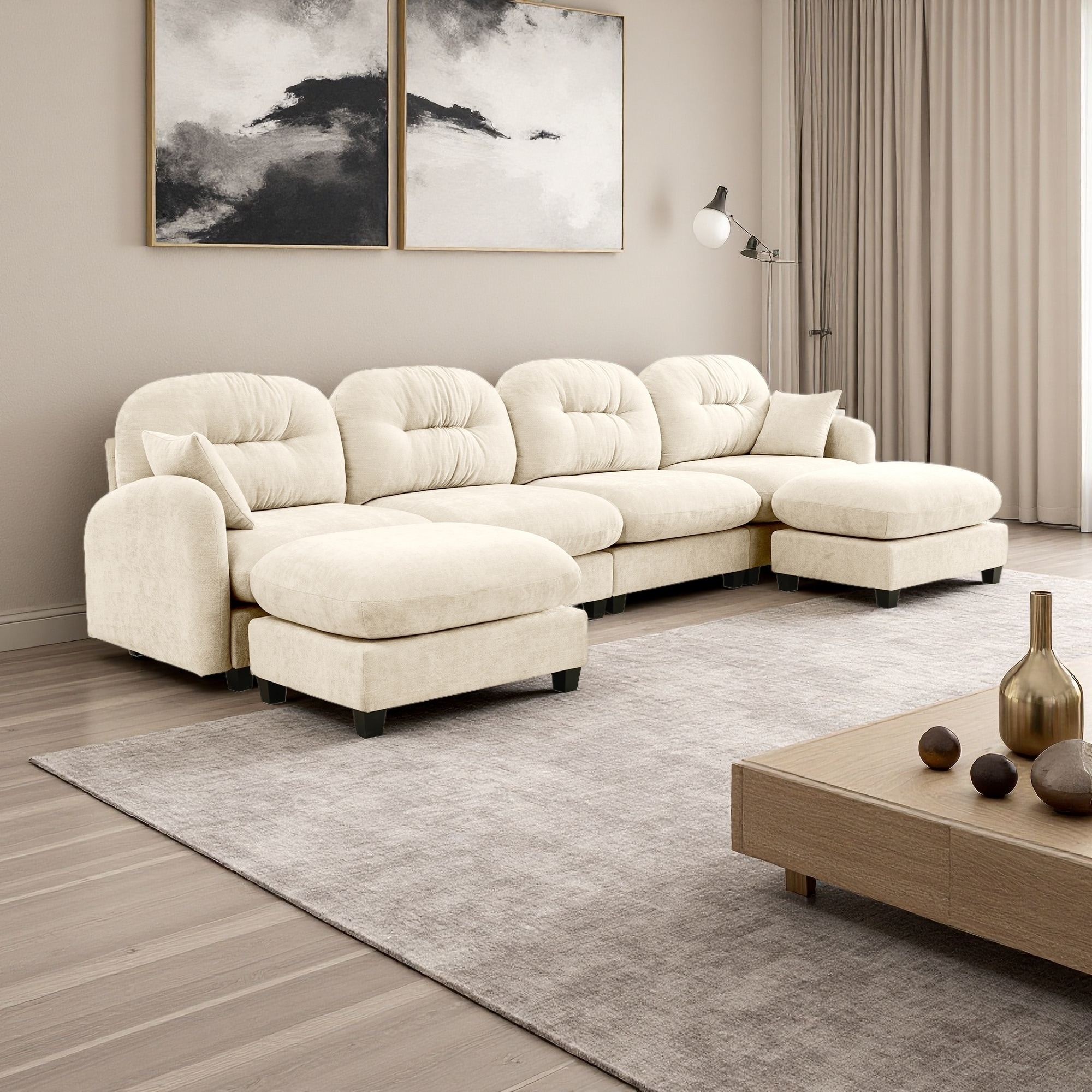 140" Chenille Modular U-Shaped Sectional Sofa with Ottoman & Tufted Backrest