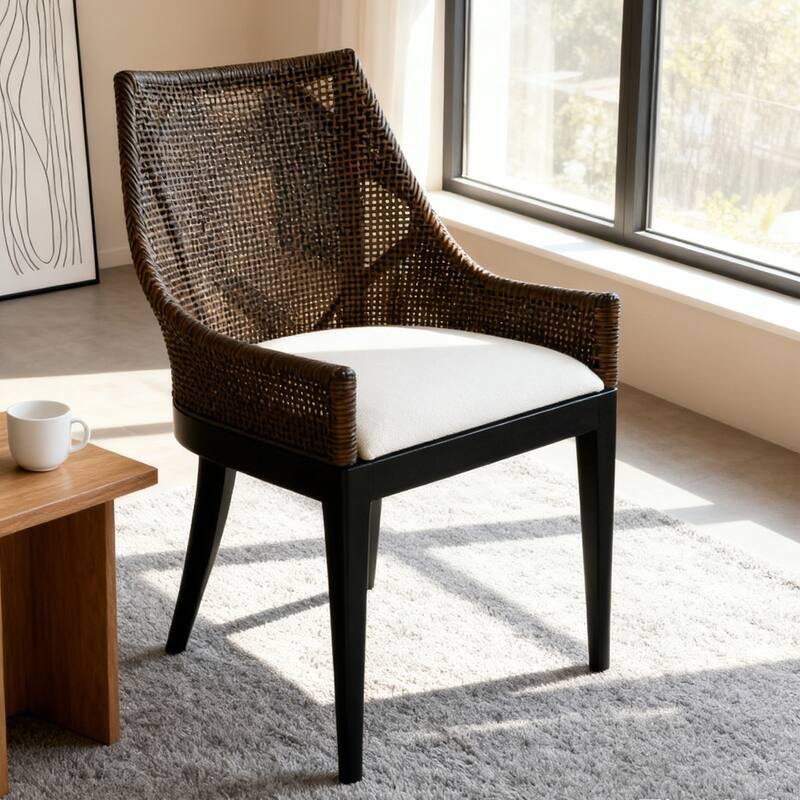 Boho 18" W Rattan Accent Chair Mahogany Leg Base - Single - Dark Brown Black