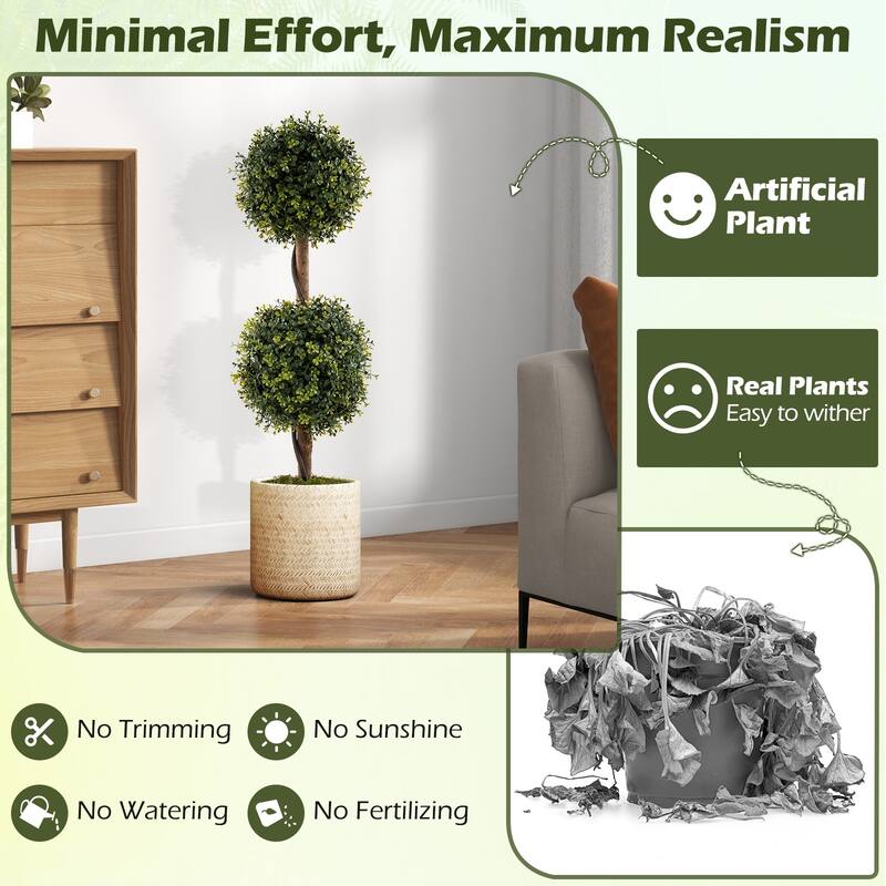 Gymax Set of 2 Artificial Double Topiary Ball Trees 3 FT Faux Boxwood