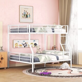 Full XL Over Queen Metal Bunk Bed with Trundle ,Contemporary Design, Chrome Finish, and Full-Length Guardrails