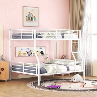 Minimalist Design Full XL Over Queen Metal Bunk Bed with Ladder,Streamlined Frame and Full Length Gridded Guardrails