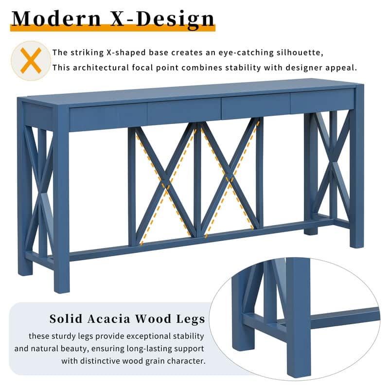 60''Acacia Veneer Console Table with 4 Spacious Drawers, Modern Crisscross Design Entryway Table with Open Bottom Storage