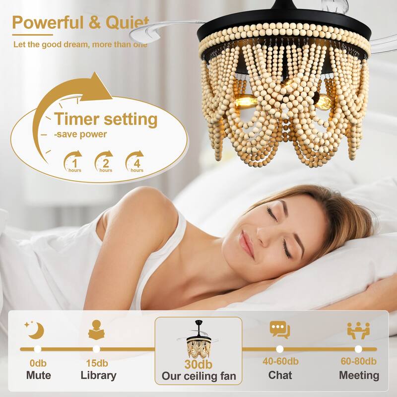 Cusp Barn 42" Retractable Ceiling Fan with Light, Farmhouse Wooden Bead Chandelier, Quiet DC Motor 6 Speeds Bohemian Ceiling Fan