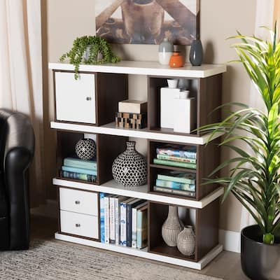Rune Modern and Contemporary Two-Tone White and Walnut Brown Finished 2-Drawer Bookcase - 39.06"H x 35.43"W x 11.34"D