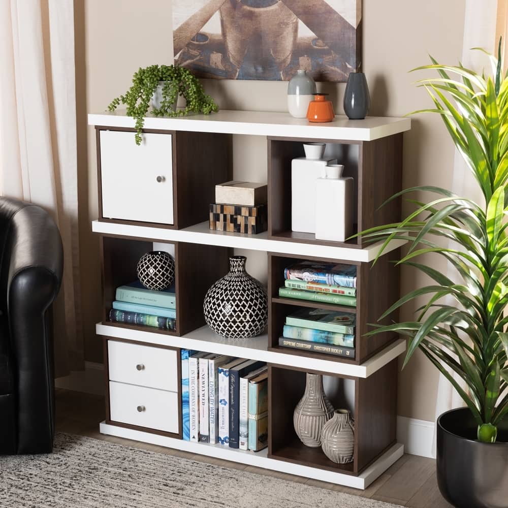 Rune Modern and Contemporary Two-Tone White and Walnut Brown Finished 2-Drawer Bookcase - 39.06"H x 35.43"W x 11.34"D