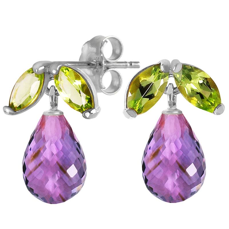 14K Solid Gold Stud Gemstone Earrings with Peridots & Amethysts - White