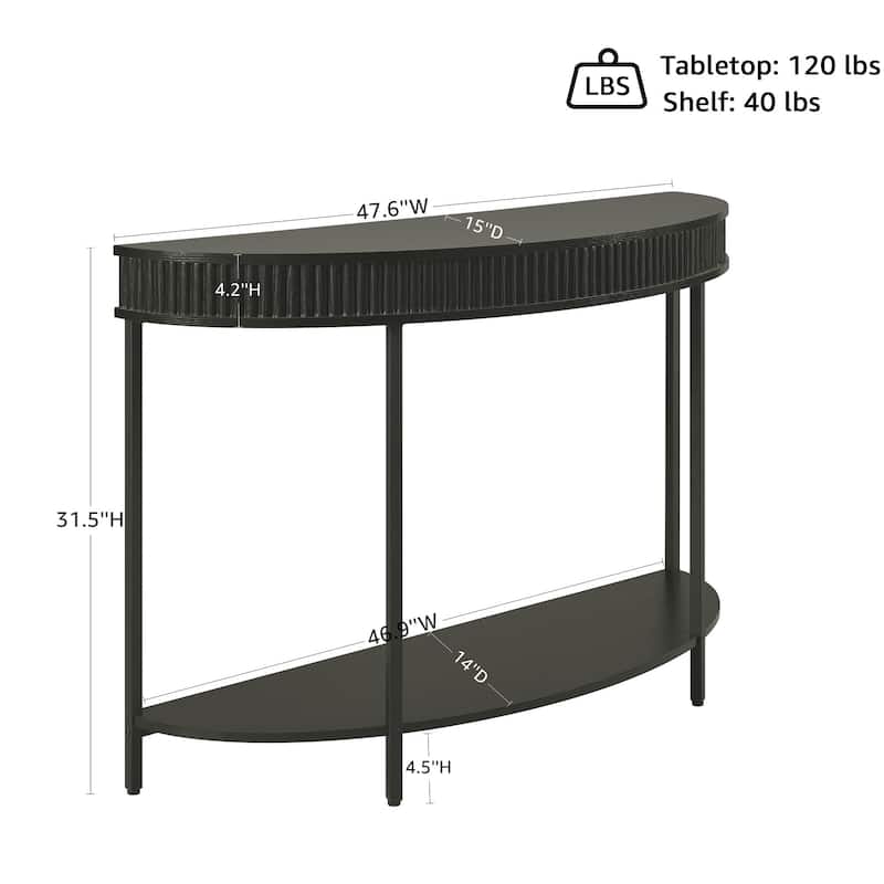 Fluted Half Moon Console Table, 47" Width Modern 2-Tier Black Entryway Console for Living Room Hallway Foyer