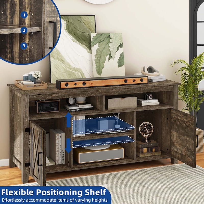 Farmhouse TV Stand for up to 65" TV with Doors and Open Shelves Media Console Power Outlet