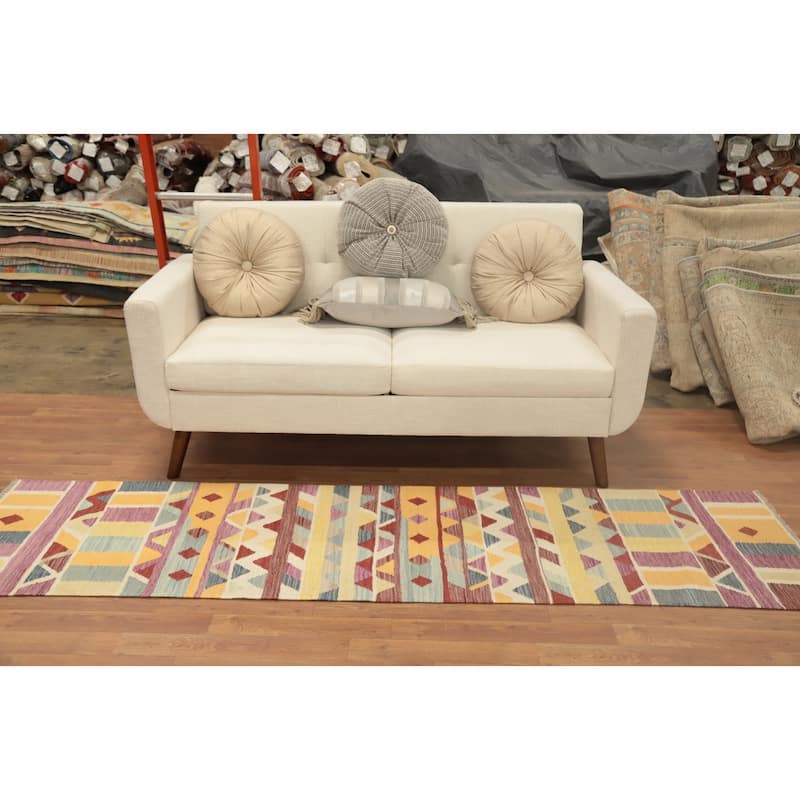 Hand Woven Oriental 100% Wool Carpet Southwestern Geometric Multi-Colored Kilim Runner Rug - 8' 0'' X 2' 1''