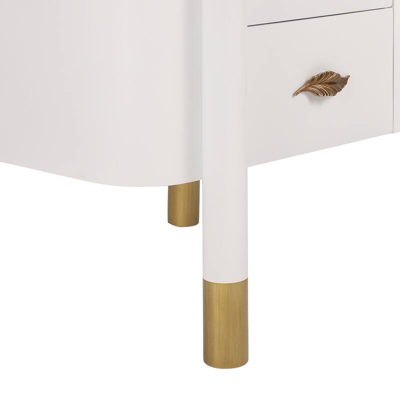 Contemporary 2-Drawer Nightstand - Curved Profile + Metal Feather Handles, Exposed Legs, Easy Assembly (White)