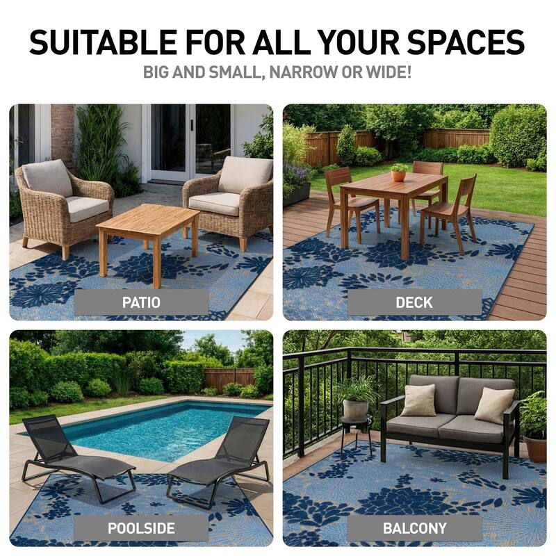 World Rug Gallery Indoor/Outdoor High-Low Textured Area Rug, Floral, Easy-Clean Patio Rug