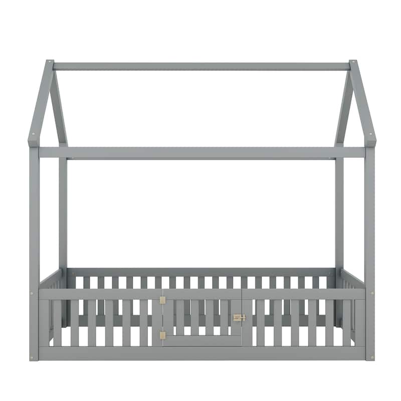 Gray Twin Pine House Bed with Fence and Door
