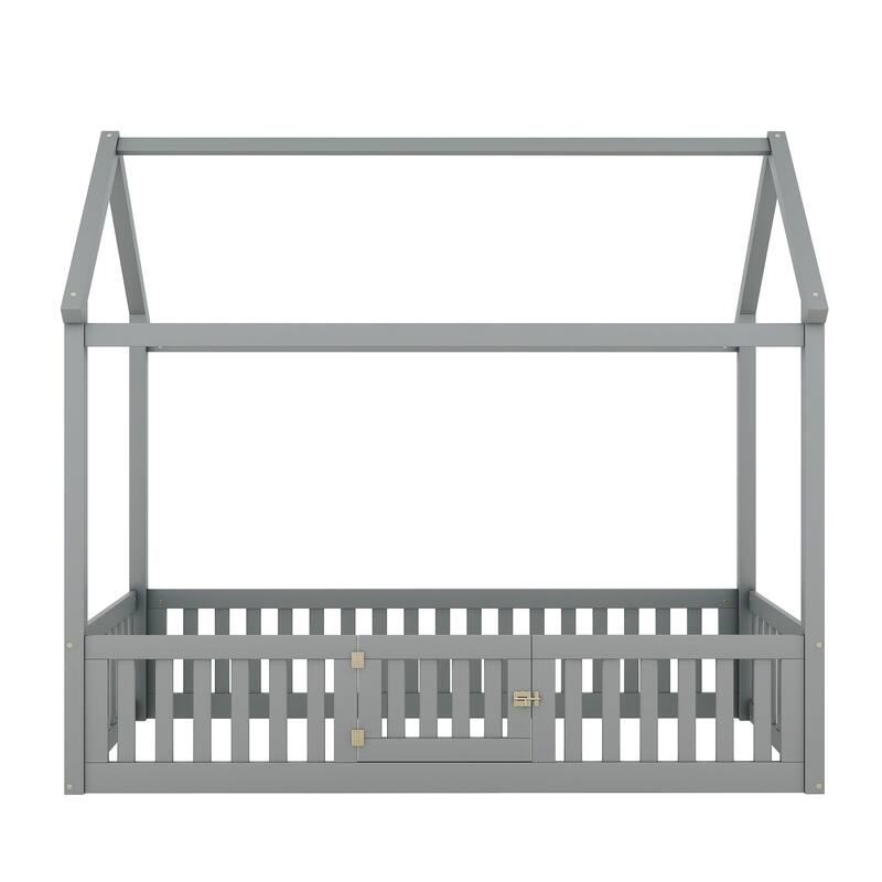 Twin/Full Size Wood House Bed with Fence, Door, and Roof for Children's Bedrooms, Small Space, No Box Spring Needed