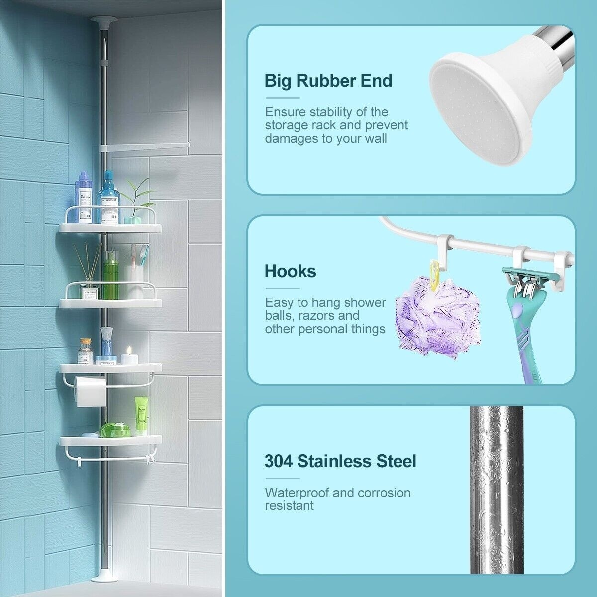 Type A Aluminum Rust-Resistant Adjustable Shelves Tension Pole Shower  Caddy, with Hooks