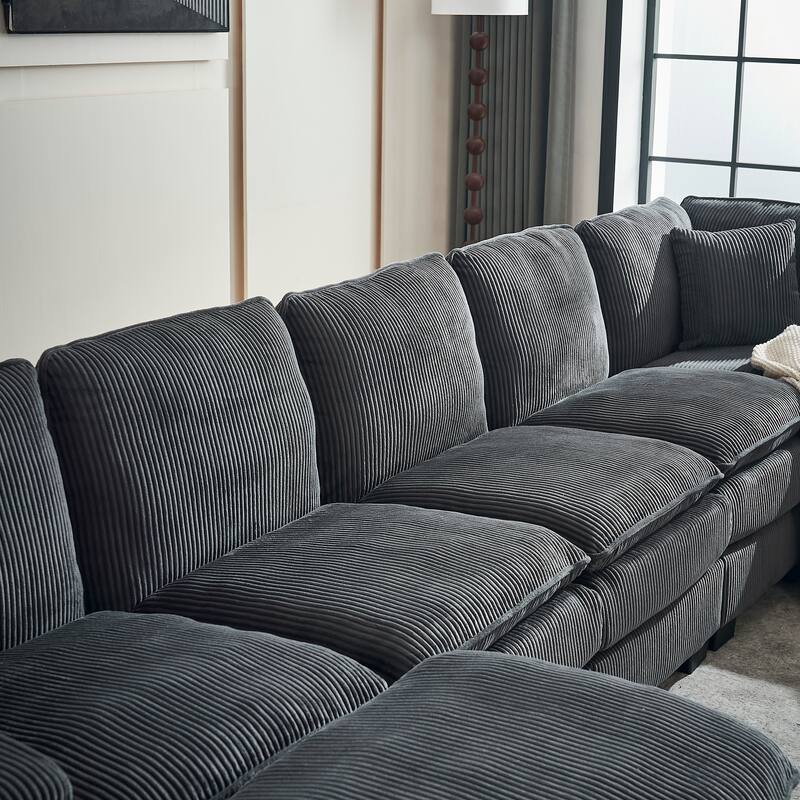 Modern U Shaped 6-seat Sectional Corduroy Sofa Couch with one Ottoman and three toss pillows ,Modular Sofa for Living Room