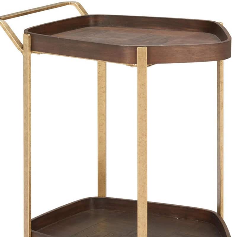 HomeRoots 27" Walnut And Brass Wood and Steel Rolling Bar Cart - 27.00 in. x 26.80 in. x 18.00 in.
