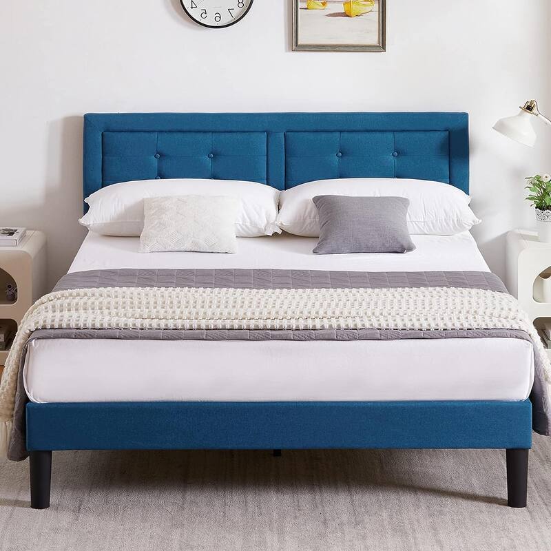 Modern Upholstered Platform Bed Frames with Adjustable Headboard,Blue Beds