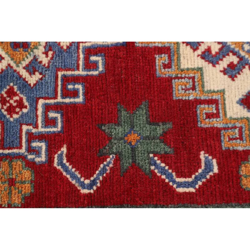Geometric Red Kazak Accent Rug Hand-Knotted Foyer Wool Carpet - 2'9" x 4'1"