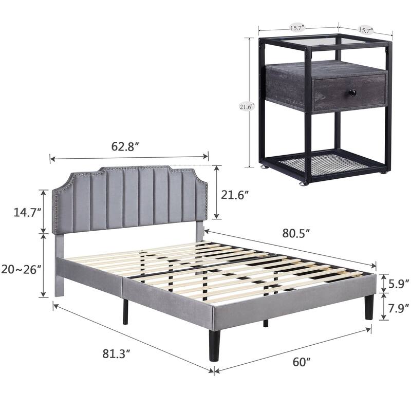 Bedroom Sets, 15 Style Options, 3-pieces Bedroom Set with Height Adjustable Upholstered Bed and Nightstands Set of 2-VECELO