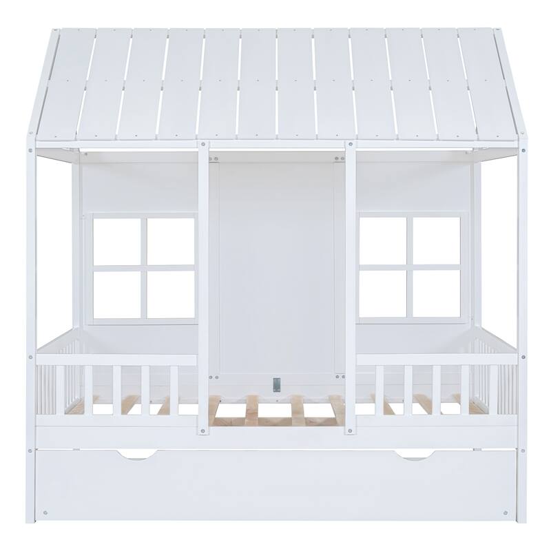 House Platform Bed With Twin Trundle, Wooden Daybed Frame with Rails, Roof and Windows, for Kids Girls Boys