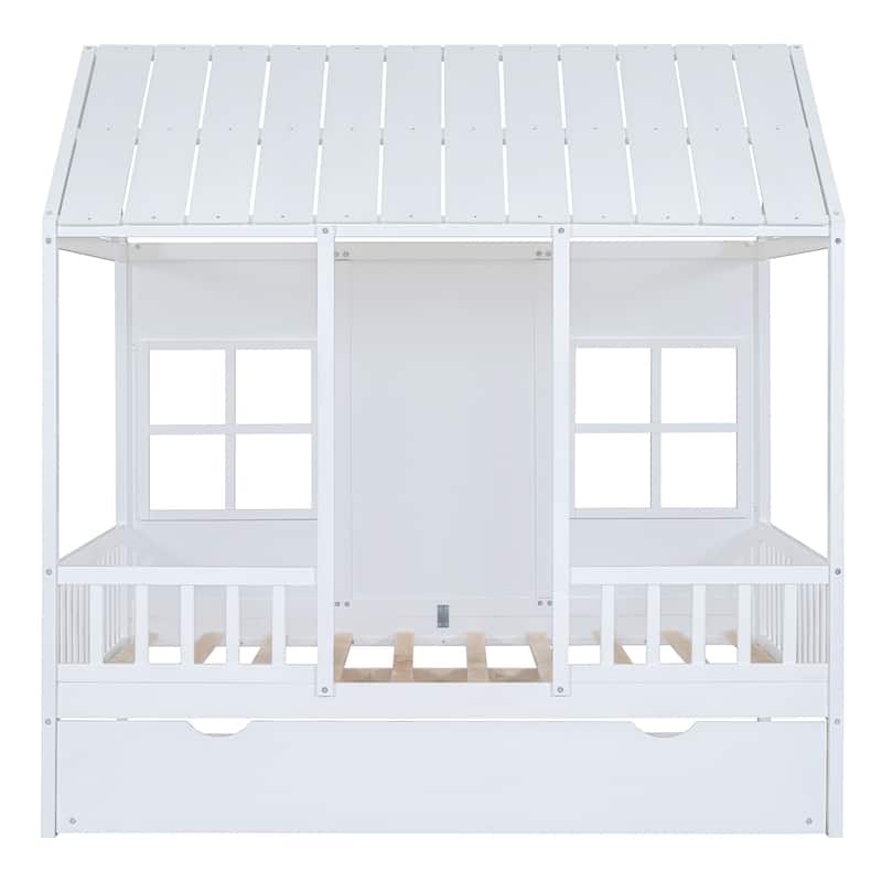 Roomfitters Full/Twin Size Wood House Bed with Twin Trundle, Modern Daybed Frame with Roof Design