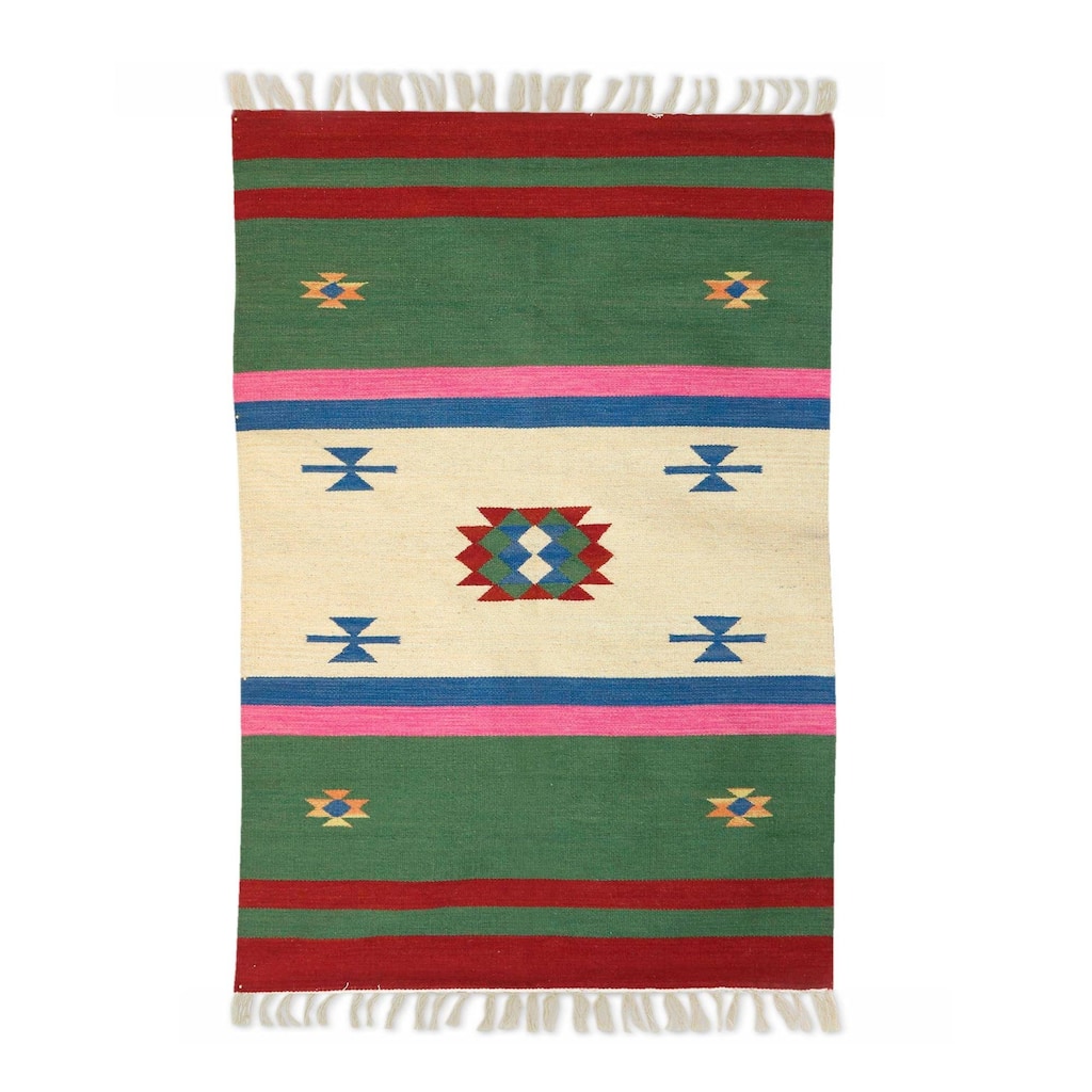 Handmade Starry Garden Wool area rug (India) - Big