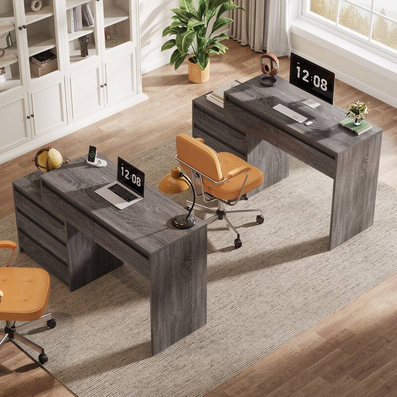 Industrial Computer Desk with 5 Drawers & File Cabinet, Rustic Wood Office Desk with Printer Stand for Small Spaces