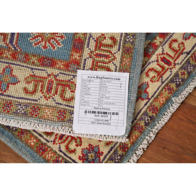 Light Blue Kazak Foyer Rug Hand-Knotted Wool Carpet - 2'0" x 3'0"