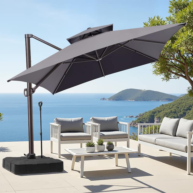 10 x 13 ft Outdoor Aluminum Double Top Patio Offset Cantilever Umbrella with Base - Dark Grey