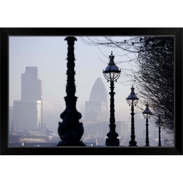 "England, London, lampposts by River Thames" Black Framed Print