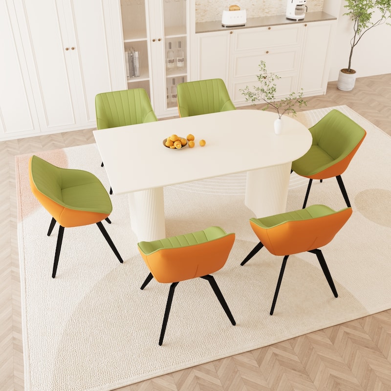 Modern Round Dining Table Set with Carved Legs and PU Leather Chairs, 7-Piece Kitchen Table Set for 4 for Dining Room