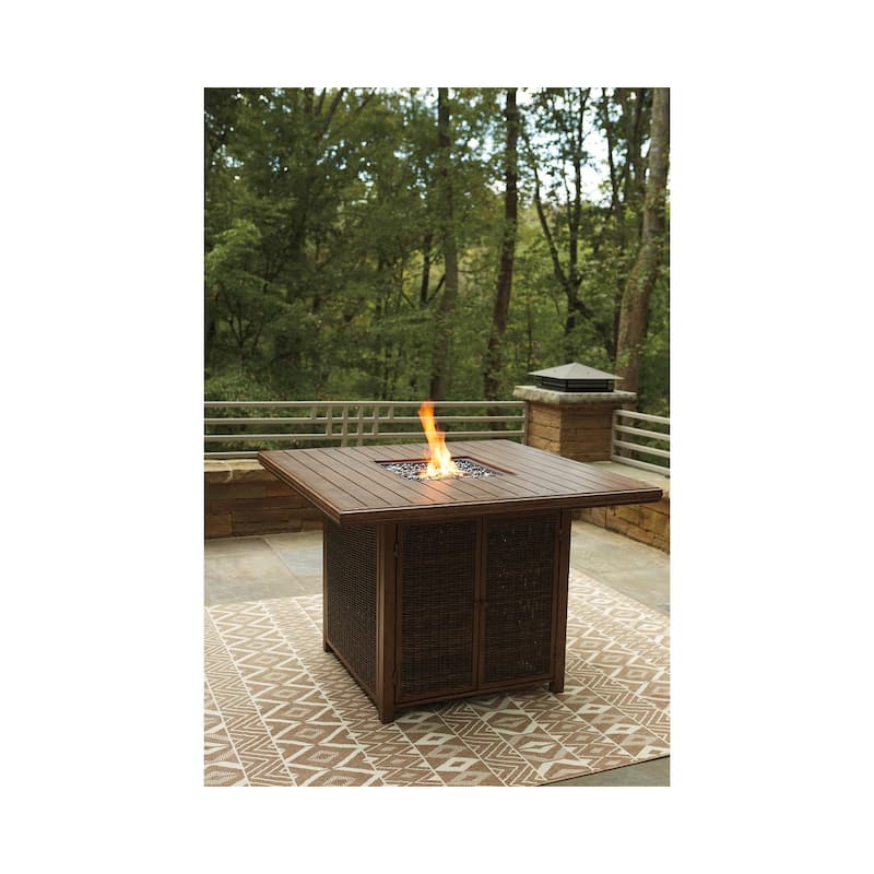 Signature Design by Ashley Paradise Trail Outdoor Medium Brown Square Bar Table with Fire Pit