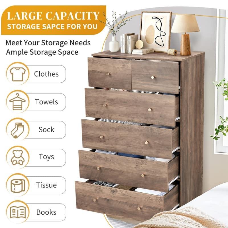 6-Drawer Large Dresser For Bedroom And Chest Of Drawers With Sturdy Construction Wood Storage Organizer For Closet