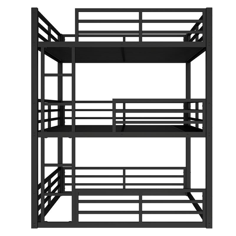 Roomfitters Queen over Full XL over Queen Metal Triple Bunk Bed with Safety Guardrails, Heavy-Duty Noise-Reduced Frame, Black