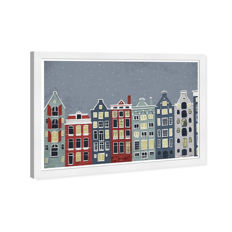 Wynwood Studio Prints Cities and Skylines Snowy City Skyline Blue and Maroon Scandinavian Wall Art Canvas Print