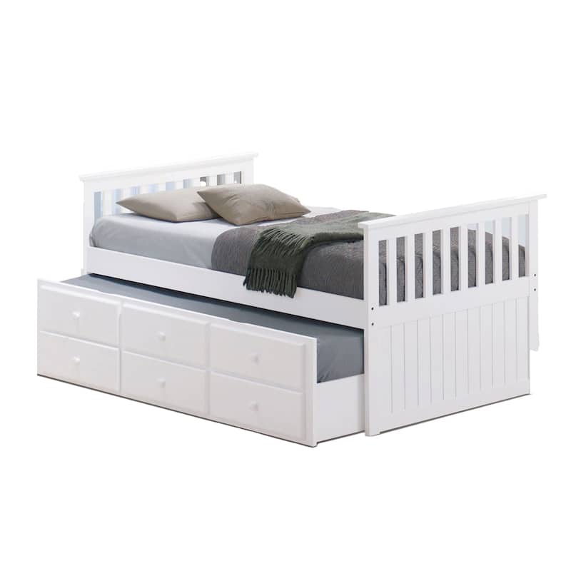 Clen Twin Captain Bed, Trundle with 3 Drawer Storage, White Solid Hardwood