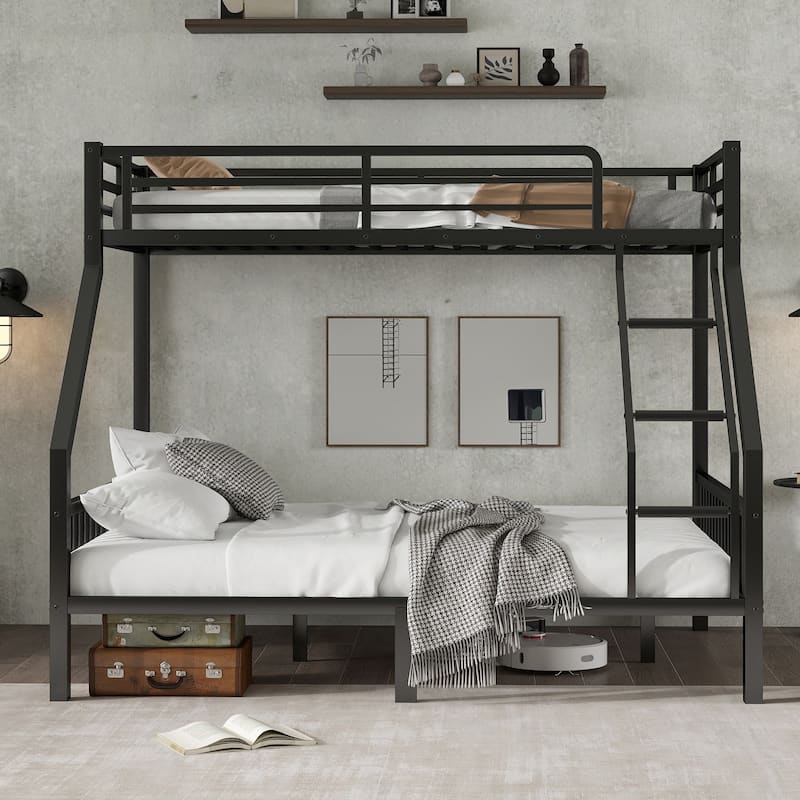 Twin XL Over Queen Metal Bunk Bed with Ladder and Slats Support for Adults Teens, Black, (Old SKU W2580S00003)