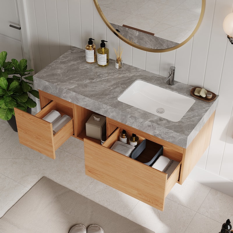 48" Mid Century Single Bathroom faux marble Vanity with Top, Solid Wood, Floating Vanities for Bathroom - 47.6" x 19.6"