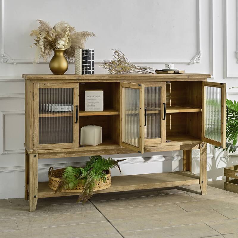 Rossetta 4-Door Elegant Rustic Accent Design Natural Wooden Sideboard Cabinet with Open Storage Shelf