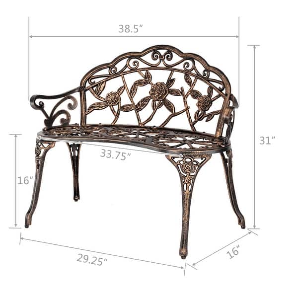 dimension image slide 0 of 2, Bronze Finish Aluminum/ Iron Rose Design 38.5-inch Indoor/ Outdoor Courtyard Bench - N/A