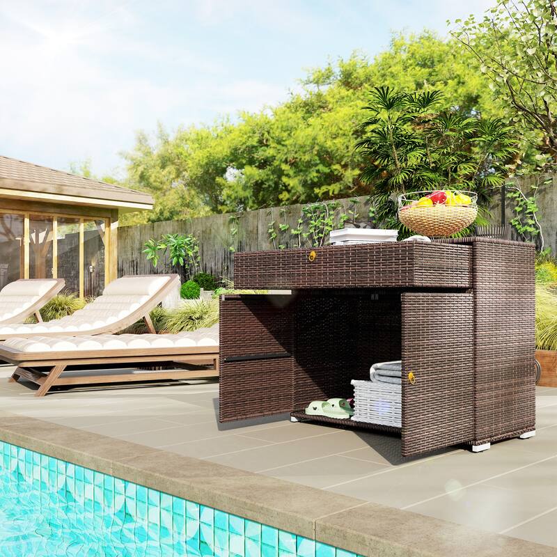 Outsunny Outdoor Towel Rack & Pool Toy Cabinet, Hot Tub Accessory Storage, Freestanding PE Rattan Wicker Cabinet