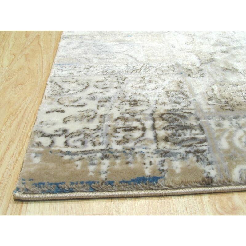 Ivory Machine-Made Polypropylene Transitional Distressed Bohemian Isabella Rug, 5'3 x 7'3, Elegant Floor Cover - L